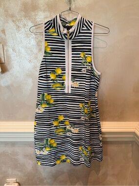 Boston Proper Navy and White Striped Lemon Print Dress